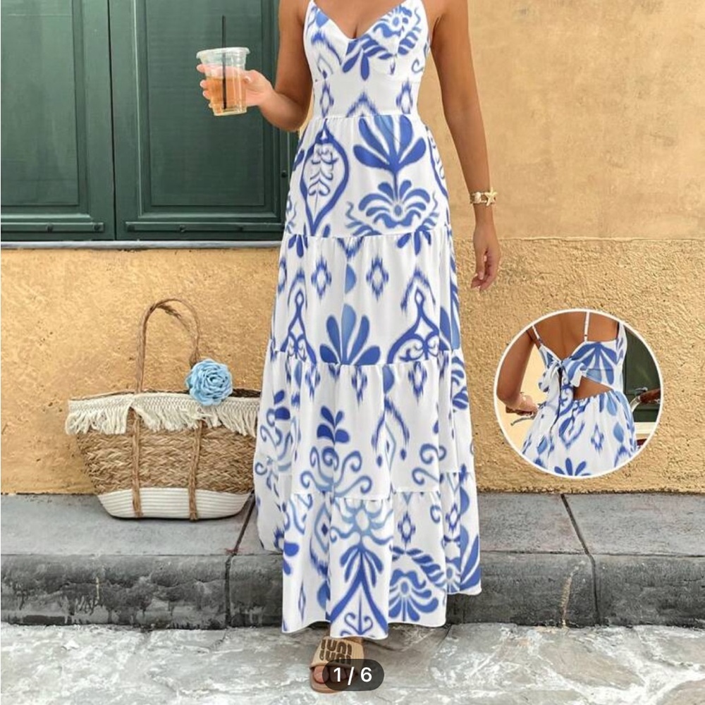 SHEIN Blue and White Spaghetti Strap Maxi Sundress